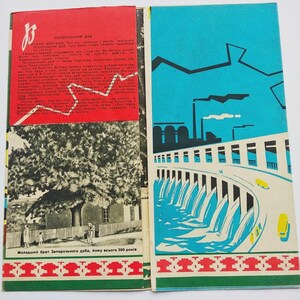 May include: Open book with a red and blue cover. The left page has text and a black and white image of a tree and people. The right page has a blue illustration of a dam and factories. The bottom border has a red and green pattern.