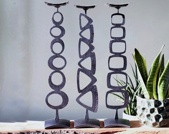 Kerzenständer aus geschmiedetem Metall: Retro-Design mit geometrischer Geometrie, handgefertigtes Wohnaccessoire