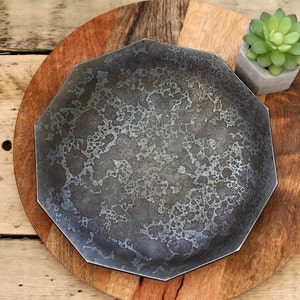Steel Forged Shallow Bowl, Contemporary Housewarming Gift, Large Ten Sided Dish for Home-ware, Rustic Home Decor