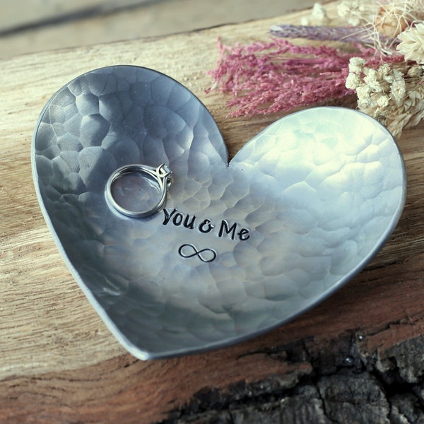 10th Anniversary Heart-Shaped Dish, Aluminium Tin Gift for 10 Year Wedding. Trinket and Ring Dish for Couple, Wife, Husband