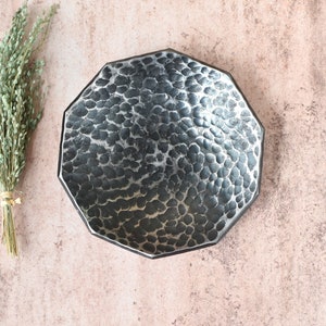 Hand Forged Iron Ring Dish, Hammered Metal Decagon Bowl