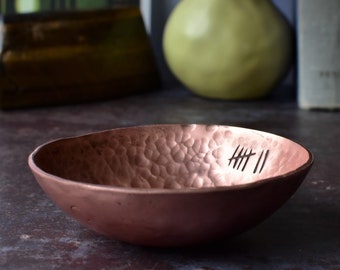 Copper Wedding 7th Anniversary Copper Ring Bowl Tally Marks Design Vessel - Copper Dish Roman Numerals - Bowl for him - Jewelry dish for her