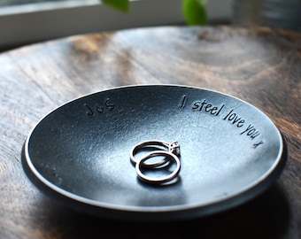 Steel 11th Anniversary Dish  for Anniversary, Smooth Pressed Minimal Look Metal Jewellery Bowl - Hand Forged Catch all dish