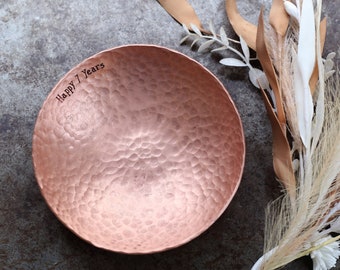 Copper Bowl with personalised message - Inscribed 7th Anniversary Gift - Copper jewellery dish for her -  Hand hammered catch all vessel