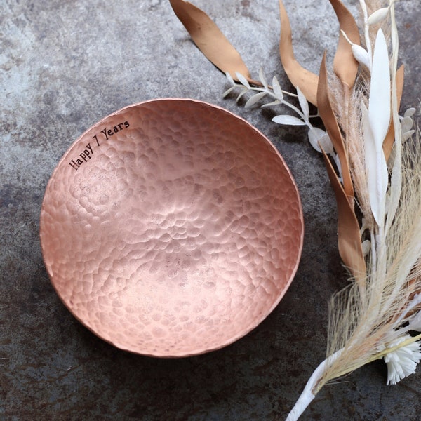 Copper Bowl with personalised message - Inscribed 7th Anniversary Gift - Copper jewellery dish for her -  Hand hammered catch all vessel
