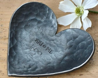 Steel Metal Heart Dish for 11th Anniversary Gift - Ready to Ship, 11 Year Anniversary Gift for Couple Husband Wife - Romantic I LOVE YOU