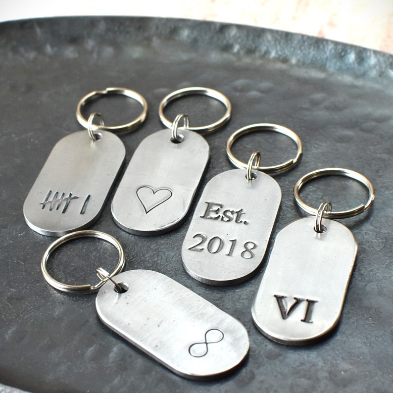 Polished Iron Keychain 6th Year Gift, Custom Dog Tag Gift, 6th Wedding Anniversary Gift for Husband and Wife VI Roman Numeral Tally Design image 1