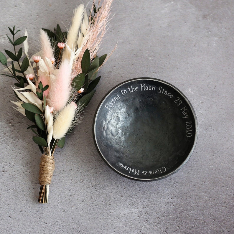 Steel Bowl for 11th Anniversary gift: jewellery bowl for her, custom ring dish for 11th anniversary, small hand stamped metal bowl for him image 7