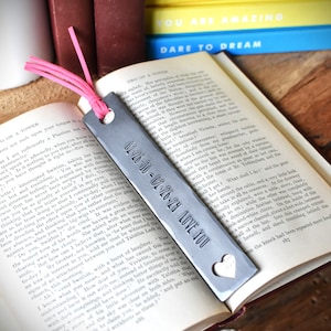 Steel Bookmark Cutout Heart Personalized Metal Gift 11th Wedding Anniversary Heart Design Keepsake Booklovers and Readers Pink