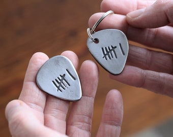 Iron 6th Anniversary Guitar Pick Plectrum with Roman Numerals or Tally Mark Design, Forged Metal Gift for Him, Token for Husband Brother