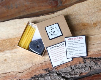 Mindful Living Meditation Set:  Iron 'Heart Pebble' Candle Holder & Beeswax Meditation Candles.