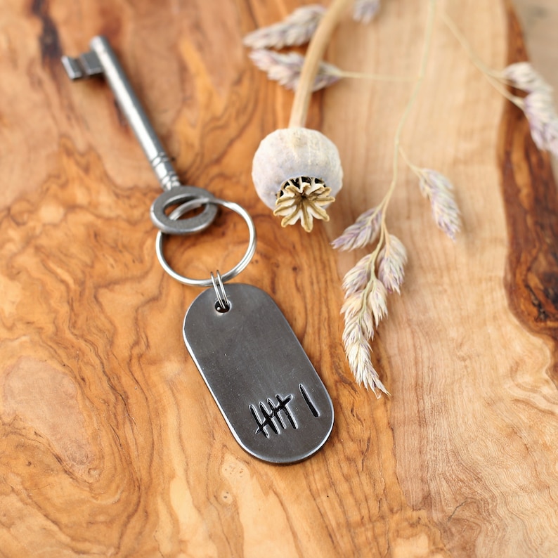 Iron Key-chain gift for him Tally Marks design, 6th anniversary stamped iron key ring gift custom dog tag for wife your anniversary date image 3