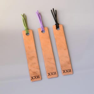 Copper Bookmark with colourfull faux suede tassel. Personalised with XXII, 22 in roman numerals 22nd anniversary gift