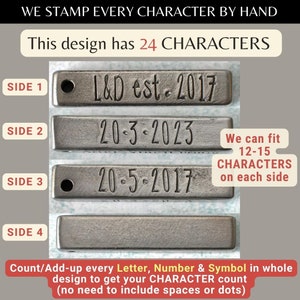 May include: A close-up of four metal tags with different text stamped on them. The tags are labeled "Side 1", "Side 2", "Side 3", and "Side 4". The text on the tags reads "L&D est. 2017", "20-3-2023", "20-5-2017", and a blank space. The text "We can fit 12-15 CHARACTERS on each side" is also visible on the image. The text "Count/Add-up every Letter, Number & Symbol in whole design to get your CHARACTER count (no need to include spaces or dots)" is also visible on the image.