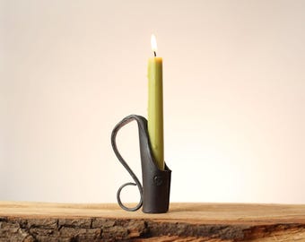 Elegant Dinner Candle Holder with curved handle.
