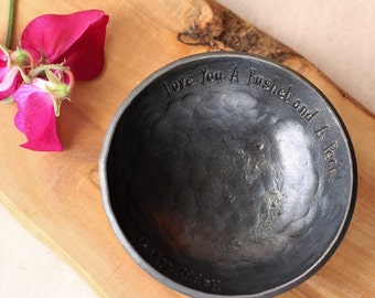 Steel Bowl for 11th Anniversary gift:  jewellery bowl for her, custom ring dish for 11th anniversary, small hand stamped metal bowl for him