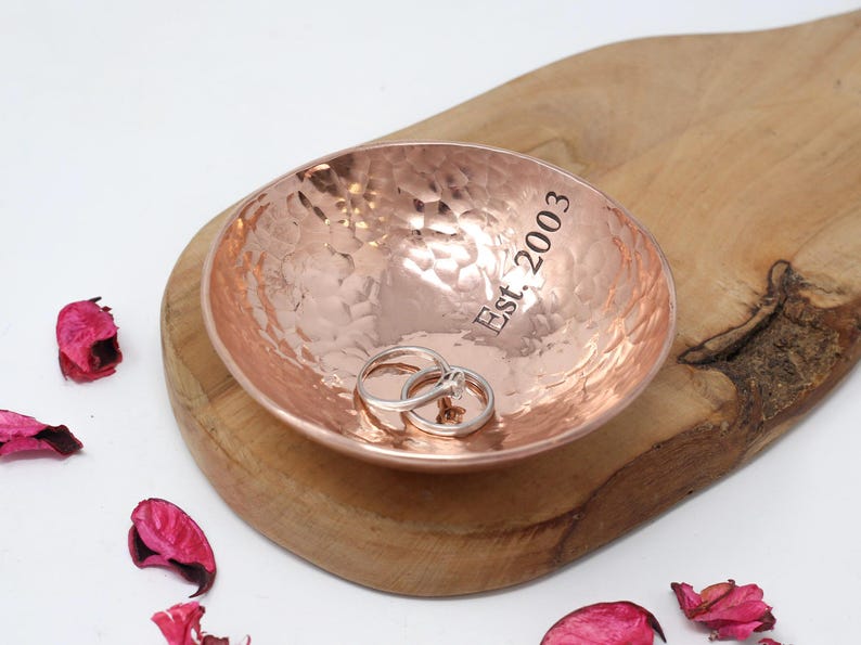 Small Copper Hammered Metal Bowl, made of 100% copper. With XXII stamped into the metal to mark 22 years. Big enough for rings, cufflinks, and small everyday items.