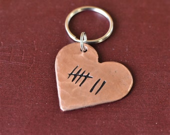 Real Copper Metal Heart Keyring 7th Anniversary Gift, Choice of Roman Numeral & Tally Mark Design, Couples keychain 100% solid copper gifts