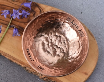 Copper Ring Bowl - 7th Anniversary Gift - Personalised Hammered Vessel - 4" Copper Dish - Catch all Bowl for him - Jewellery dish for her