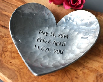 Personalized Aluminum Heart Dish, Tin Jewelry Dish for 10 Year Wedding Anniversary, Gift for Wife and Partner. Aluminium Gifts for Him