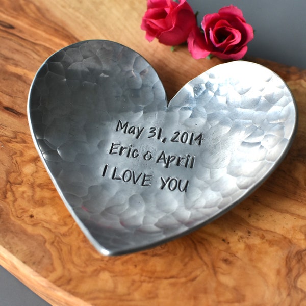 Personalized Aluminum Heart Dish, Tin Jewelry Dish for 10 Year Wedding Anniversary, Gift for Wife and Partner. Aluminium Gifts for Him