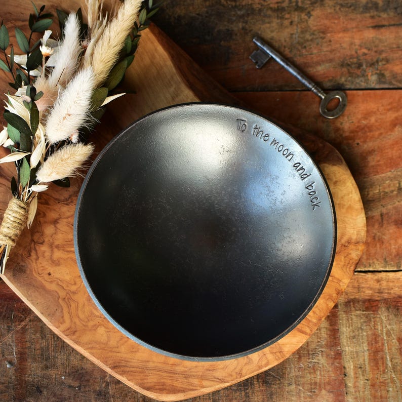 Romantic Stamped Inscription on a pressed and polished iron forged bowl designed and made in our workshop;'To the moon and back'