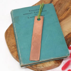 Pu&ograve; includere: Un segnalibro in rame con un cordoncino in pelle verde. Il segnalibro &egrave; appoggiato su un libro blu-verde con il testo "Exercise without Exercises" sulla copertina.