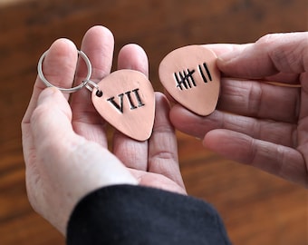 Copper Metal 7th Anniversary Plectrum with Roman Numerals or Tally Mark Design, Forged Metal Gift for Him, Token for Husband and Wife Couple