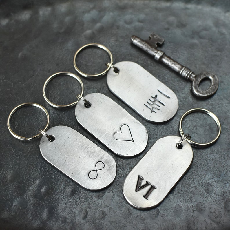 Polished Iron Keychain 6th Year Gift, Custom Dog Tag Gift, 6th Wedding Anniversary Gift for Husband and Wife VI Roman Numeral Tally Design image 7