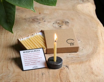 Mindfulness Candle Set: Hand Forged Iron Holder & Beeswax Meditation Candles