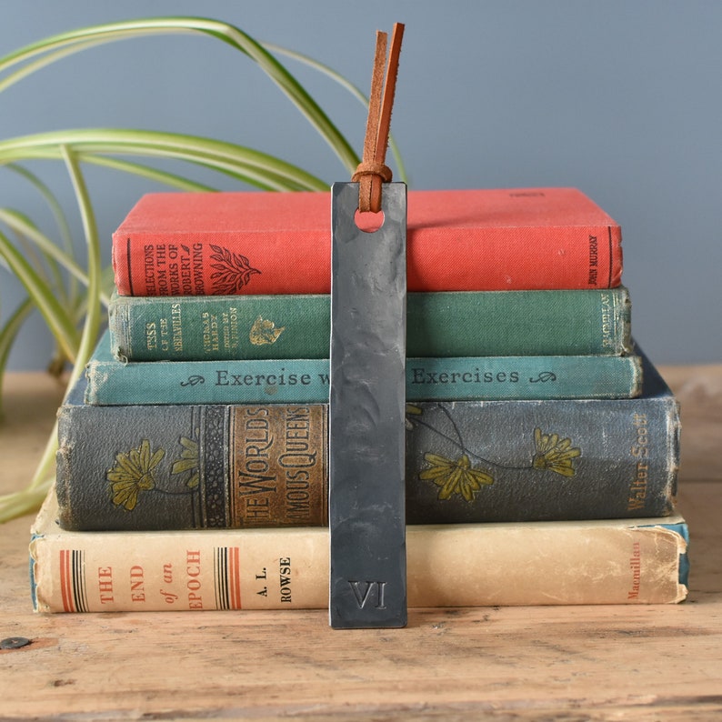 Iron Anniversary Gift with VI design at the tip of a hammered Iron Bookmark with Leather Tassel