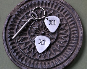 Steel 11th Anniversary Guitar Pick Plectrum with XI Roman Numerals Design, Forged Metal Gift for Him, Token for Husband Brother