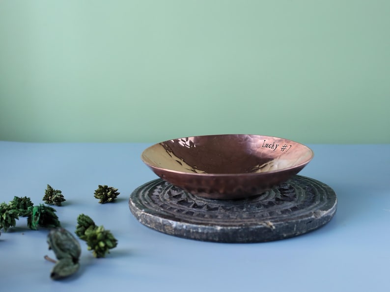 Medium Sized Solid Copper Bowl with 'Lucky #7' Stamped on the inside rim.