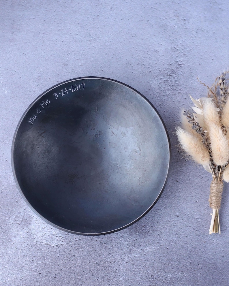 Pressed Iron Bowl with Stamped Message on the inside rim, 'You & Me 3.24.2017', a beautiful trinket bowl to mark the last 6 years together.