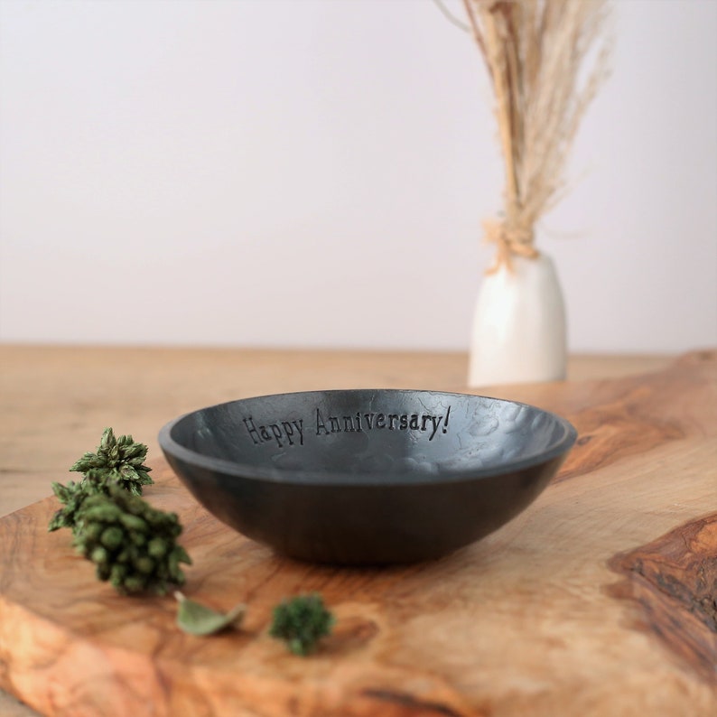 Steel Bowl for 11th Anniversary gift: jewellery bowl for her, custom ring dish for 11th anniversary, small hand stamped metal bowl for him image 2