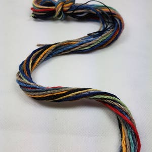 May include: A multi-colored embroidery floss skein with a variety of shades of blue, green, yellow, red, and black.