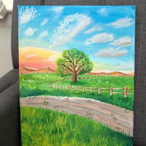 Ready to Ship Tree with Mountains at Sunset Acrylic Canvas Painting