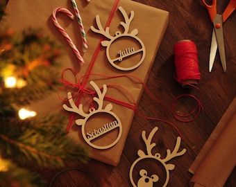 En bois d’étiquette personnalisé nom personnalisé bois sapin ornement babiole décorations renne étiquette cadeau