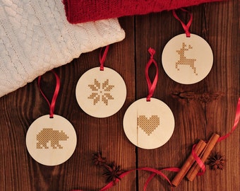 Wooden Hanging Decoration set, Christmas tree decoration, Christmas Ornament, Nordic Pattern, Winter cross-stich