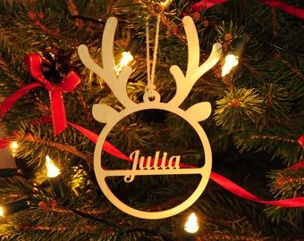 Personalized custom name Wood Christmas Ornament  Bauble Tree decorations Reindeer 1st Christmas