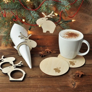 Reindeer Christmas Decoration set, Wooden Cup pad, Napkin Ring, Reindeer Bauble, Funny Christmas Decoration image 1
