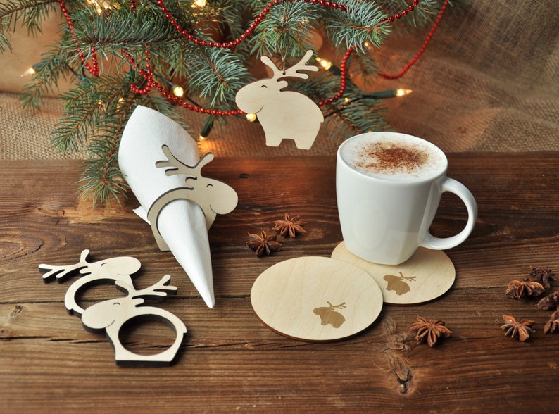 Reindeer Christmas Decoration set, Wooden Cup pad, Napkin Ring, Reindeer Bauble, Funny Christmas Decoration image 1