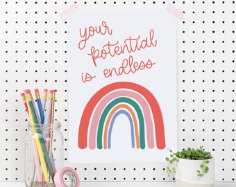 Your Potential Is Endless Motivational Art Print Dorm Decor Home Office Decor Quote Wall Art Rainbow Wall Art Girl Boss Entrepreneur Gift