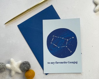 Gemini Birthday Card, Illustrated Constellation Design