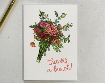 Thanks A Bunch Floral Thank You Card Illustrated Thank You Card Wedding Shower Thank You Card Teacher Appreciation Gift Bride Thank You Card