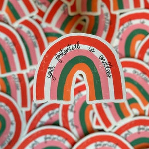 Regenboog quote sticker – je potentieel is eindeloos, motiverende vinyl sticker, positieve geestelijke gezondheid, laptopsticker, inspirerende stickers