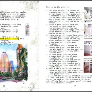 K&ouml;nnte beinhalten: Eine Buchseite mit Anweisungen zum &Uuml;bertragen eines Bildes mit Mod Podge. Die Seite enth&auml;lt ein Foto einer Skyline und eine Schritt-f&uuml;r-Schritt-Anleitung mit Illustrationen.