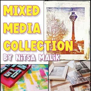 May include: A collection of mixed media art pieces, including a framed black and white photograph of a street lamp, a framed black and white photograph of a building, a framed photograph of a Ferris wheel, and a collection of colourful paper with circles and numbers printed on them. The title "MIXED MEDIA COLLECTION BY Nitsa Malik" is printed in yellow letters on a white background.