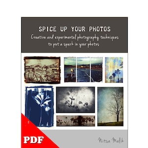 K&ouml;nnte beinhalten: Ein Buchcover mit dem Titel "Spice Up Your Photos" in fettem wei&szlig;en Text. Das Cover zeigt eine Collage aus neun verschiedenen Fotografien mit einer Vielzahl von Motiven, darunter Landschaften, Natur und urbane Szenen. Das Buch ist von Nitsa Malik und als PDF-Download erh&auml;ltlich.