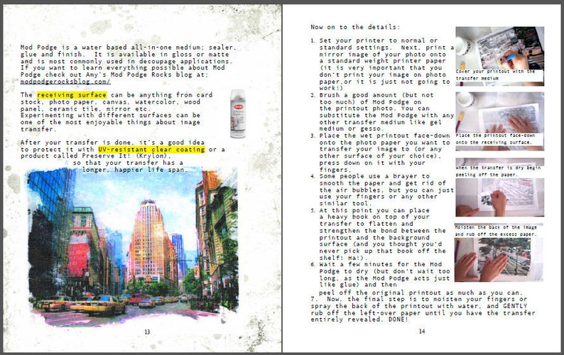 K&ouml;nnte beinhalten: Eine Buchseite mit Anweisungen zum &Uuml;bertragen eines Bildes mit Mod Podge. Die Seite enth&auml;lt ein Foto einer Skyline und eine Schritt-f&uuml;r-Schritt-Anleitung mit Illustrationen.